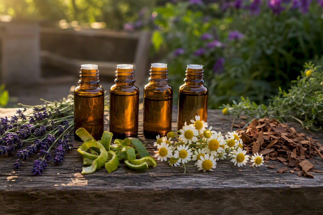Essential oil bottles with lavender, bergamot, chamomile, cedarwood