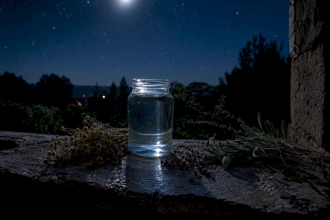 Glass jar of moon water outdoors at night