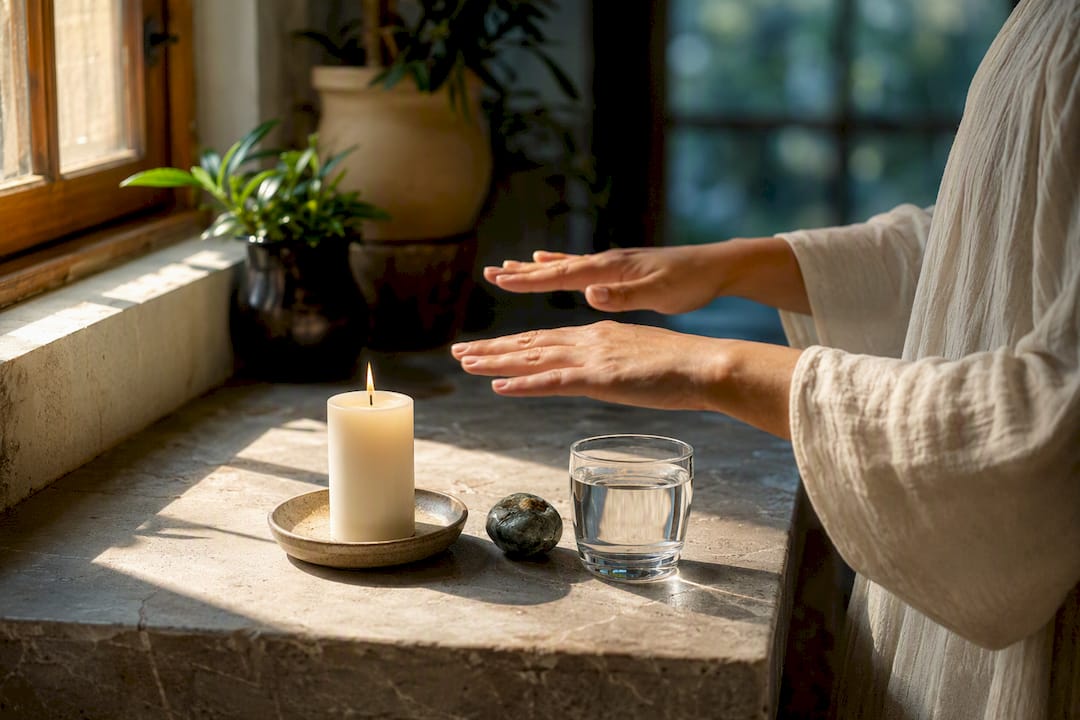 Hands consecrating a simple altar