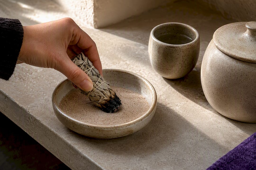 Hand extinguishing smoldering bundle in sand