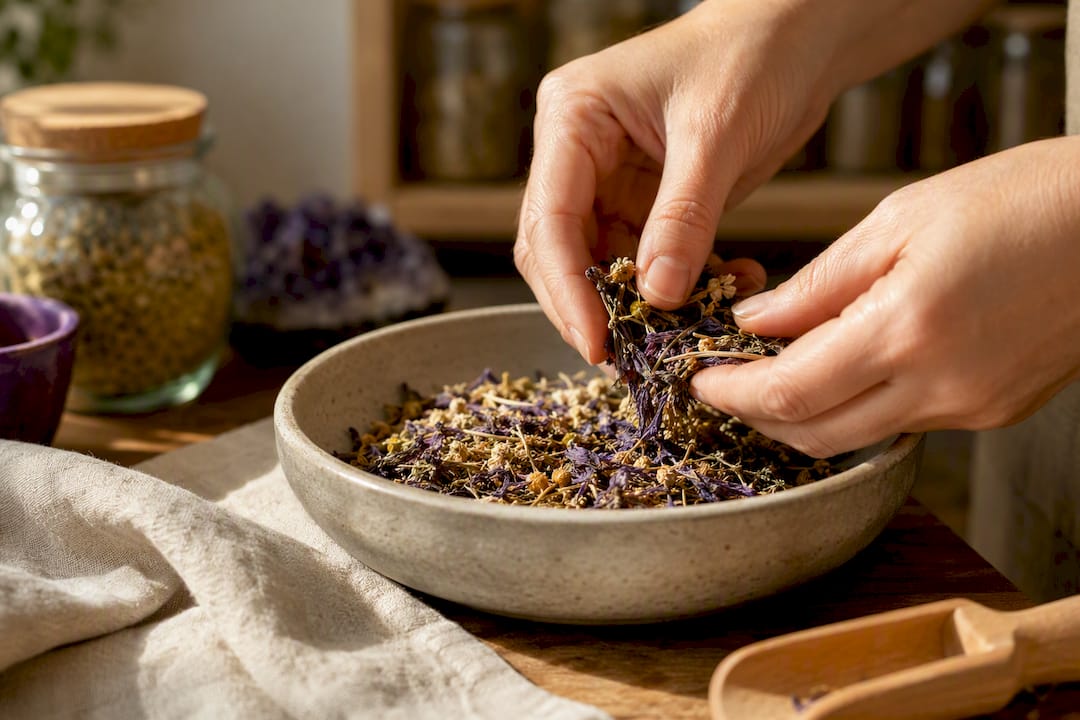 Hands mixing dried passionflower botanicals