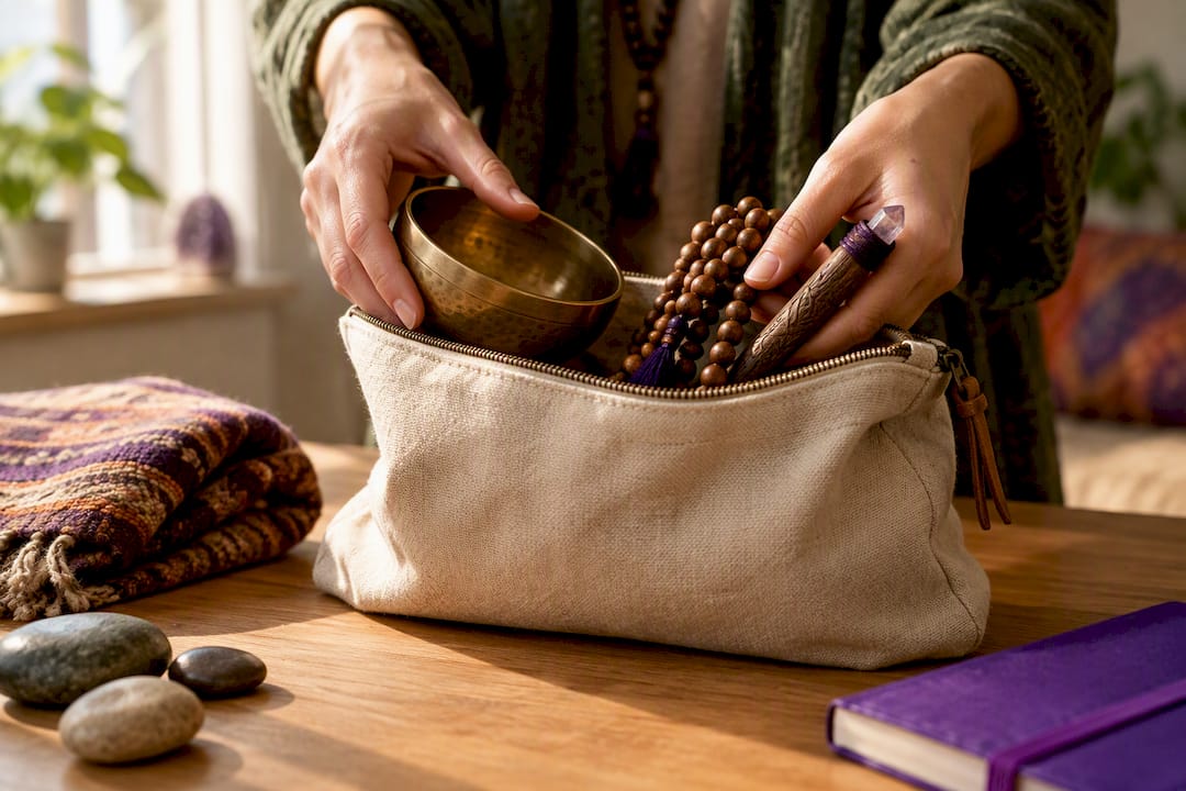Compact ritual tools packed for travel