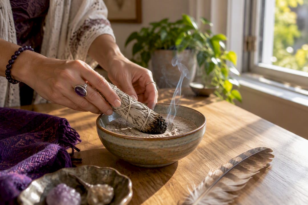 Sage bundle being extinguished after ritual use