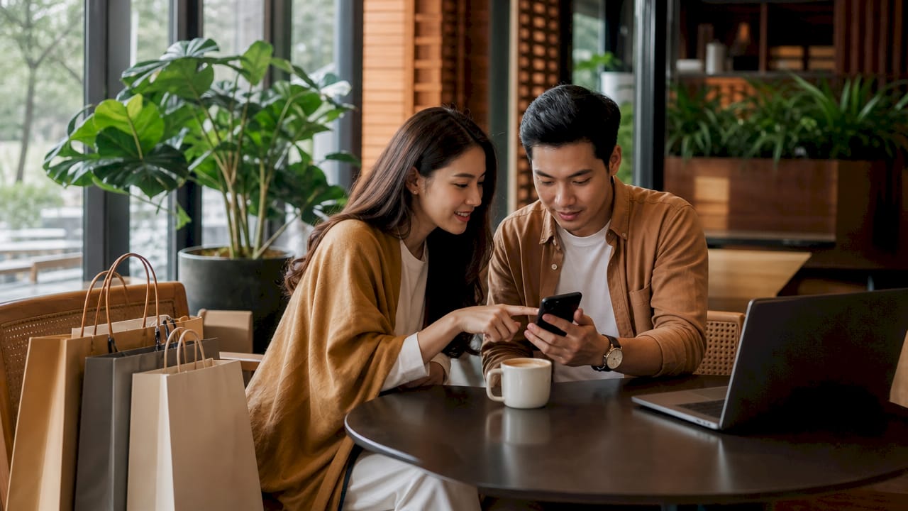 Couple shopping in integrated retail condo corridor