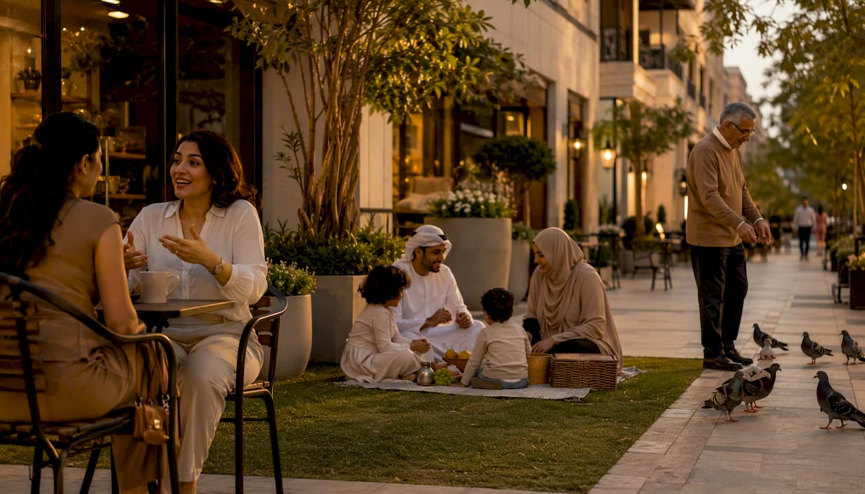 Activated mixed-use outdoor pedestrian plaza scene