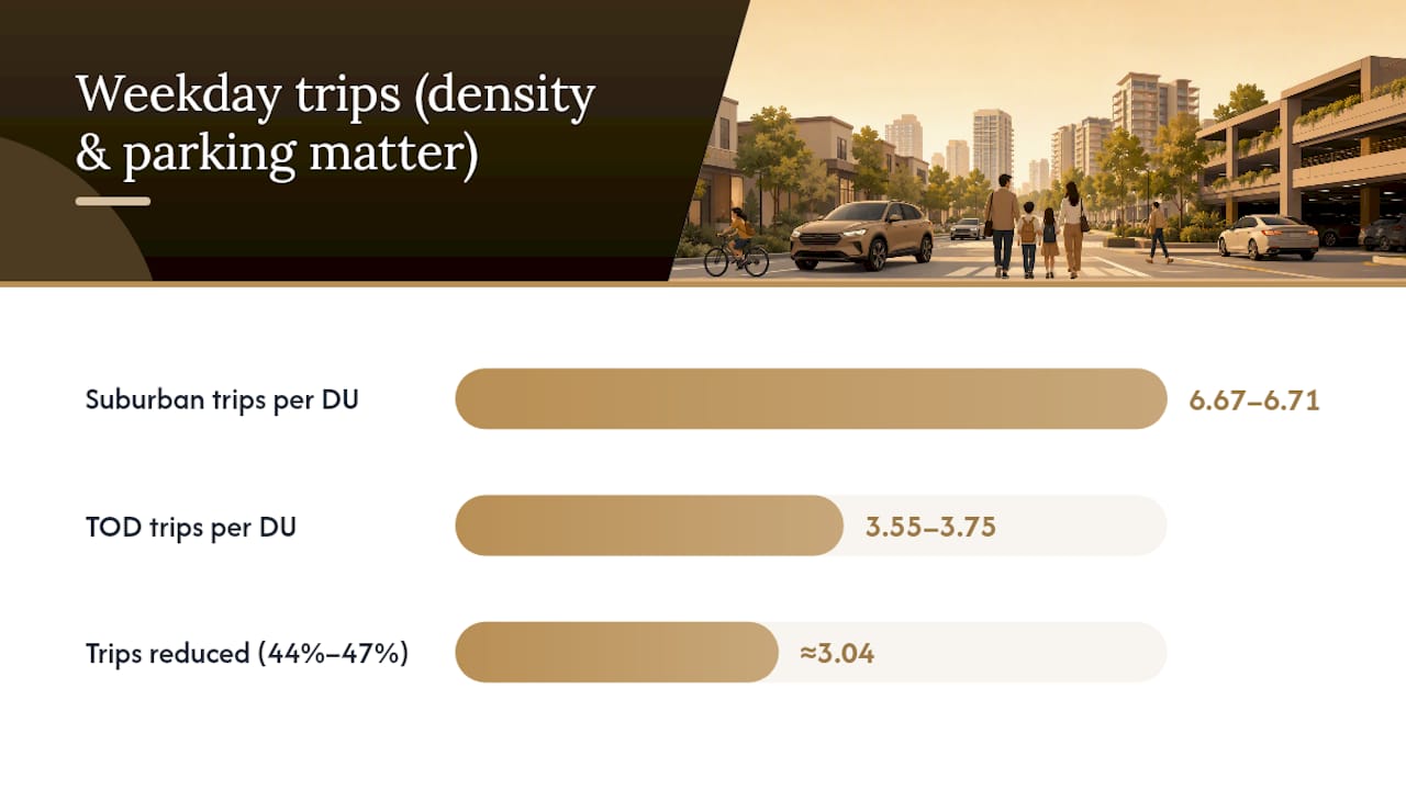 Diagram showing vehicle trip reduction in TOD vs suburban