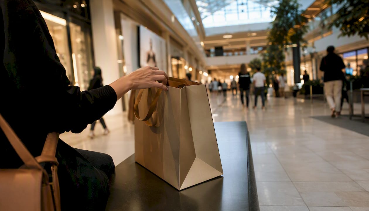 Hand placing shopping bag on mall bench