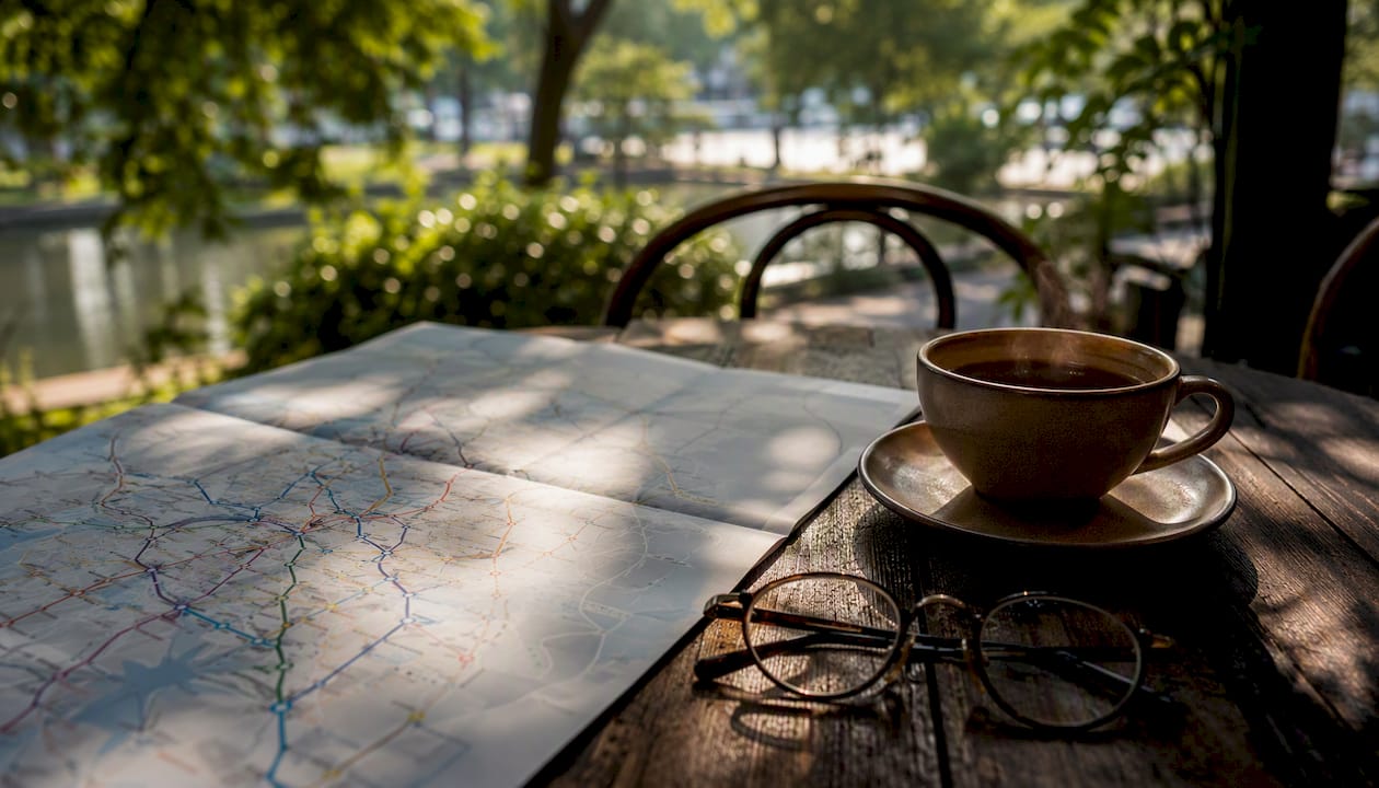 Transport planning map and coffee on desk