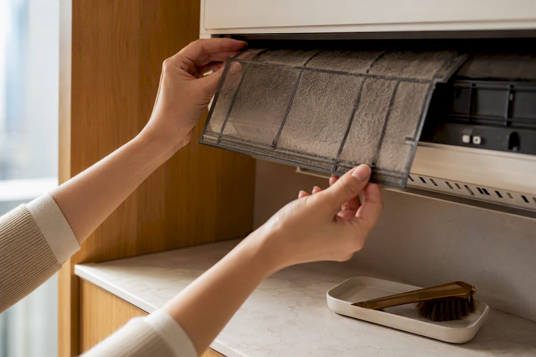 Hands removing aircon filter for cleaning