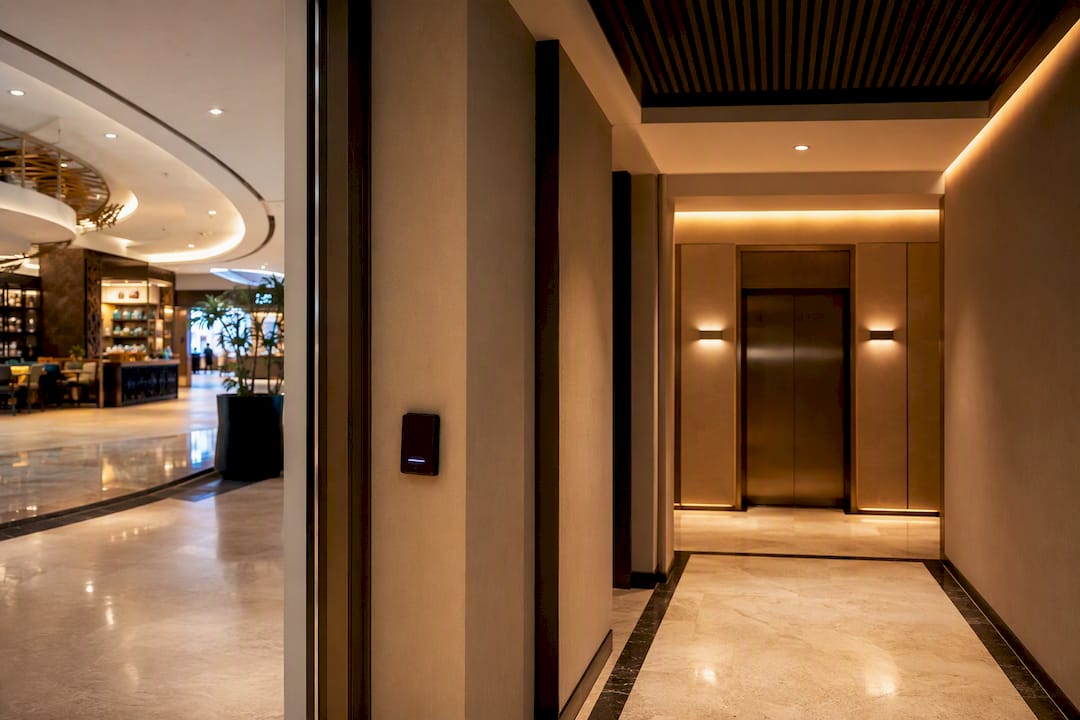 Separated mall corridor and resident lift lobby