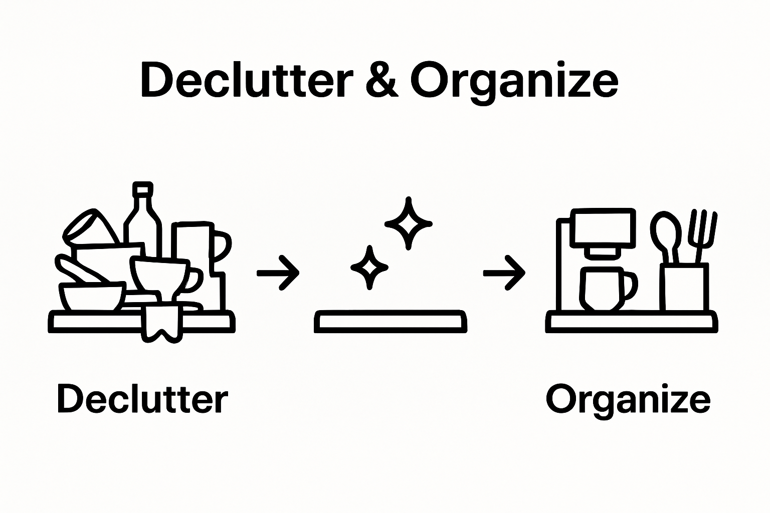 Infographic of kitchen countertop before decluttering, after clearing, and after organization