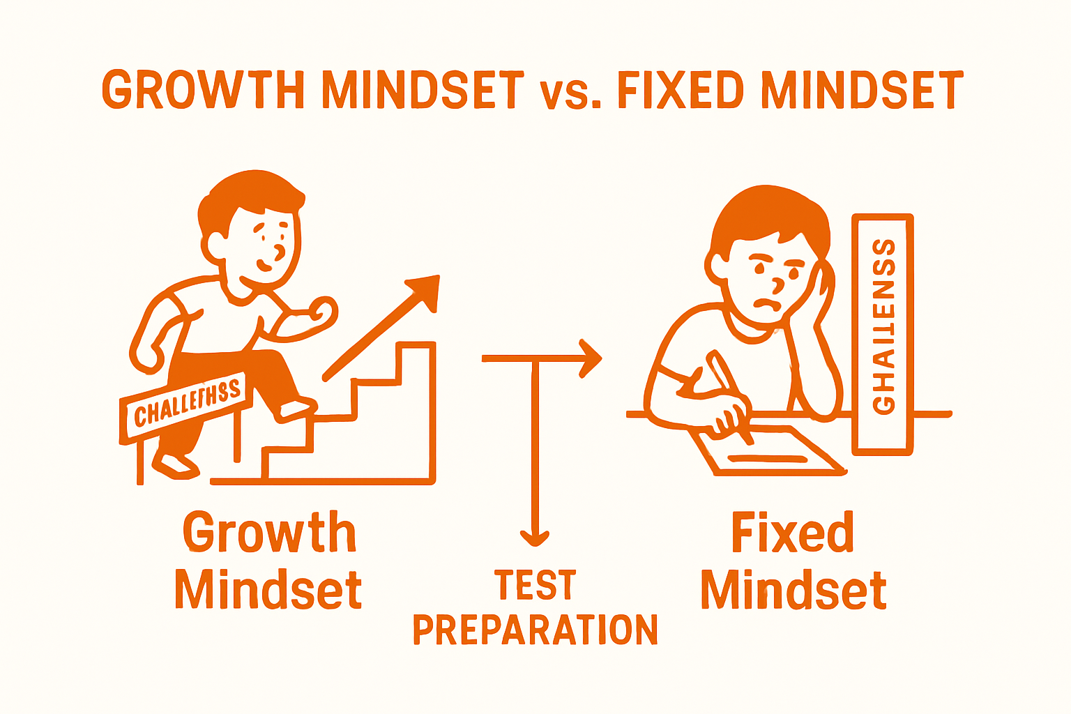Side-by-side comparison of growth and fixed mindsets for test preparation