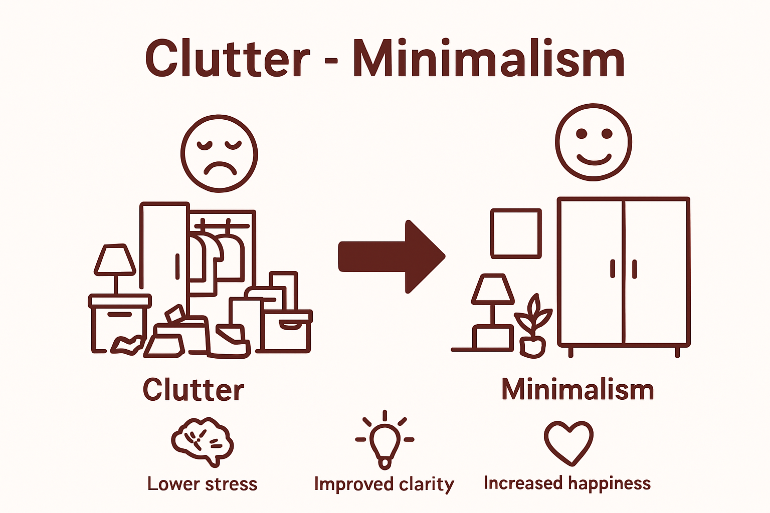 Side-by-side visual comparing cluttered versus minimalist spaces and psychological effects
