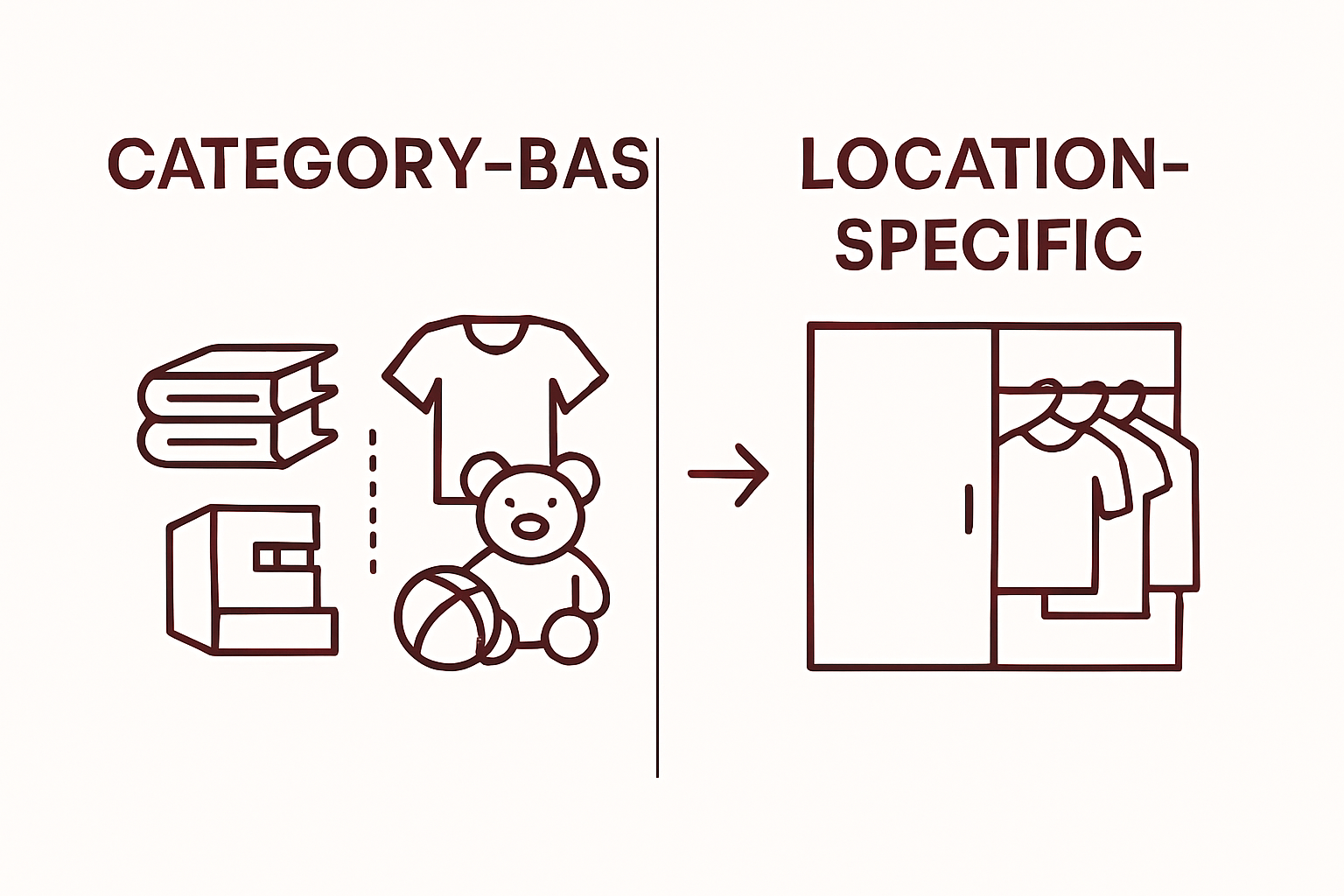 Infographic comparing category-based and location-specific decluttering methods