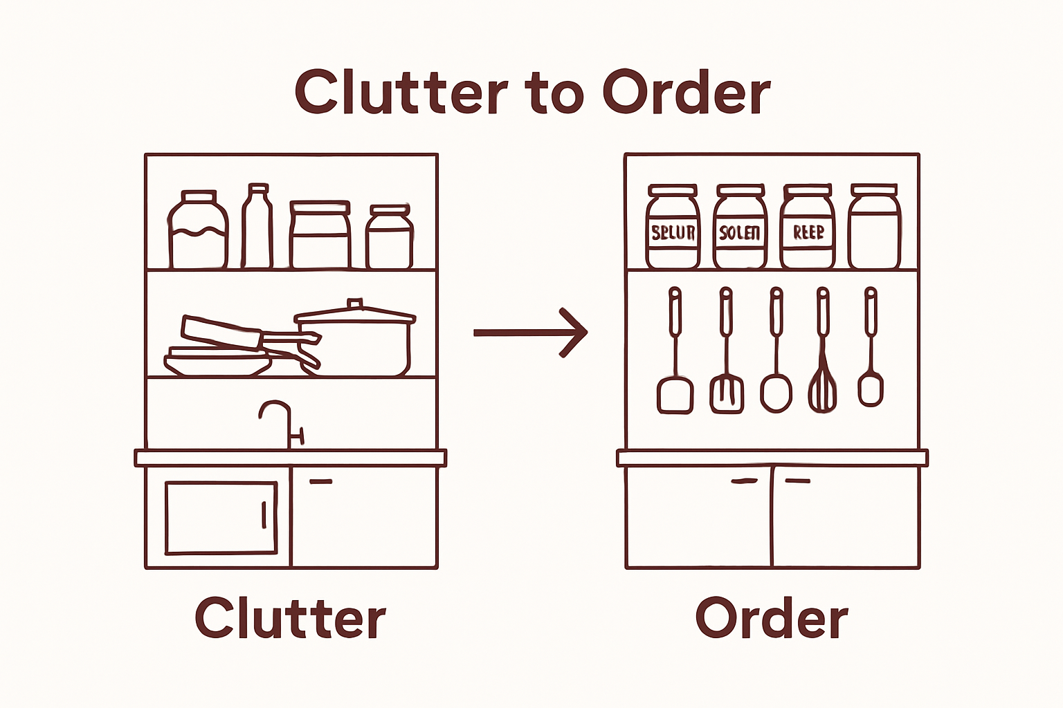 Before and after kitchen organization visual with clutter and efficiency comparison