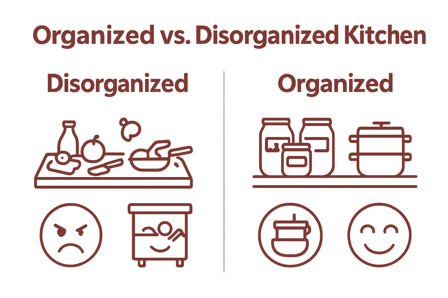 Infographic comparing organized and disorganized kitchens