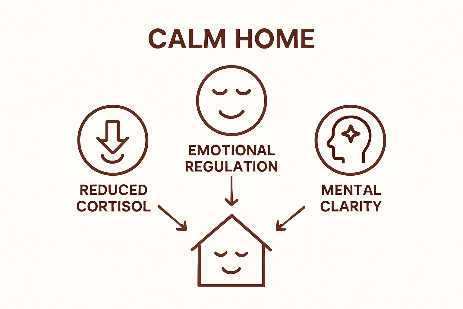 Three icons showing reduced stress, emotional balance, and clarity as benefits of a calm home