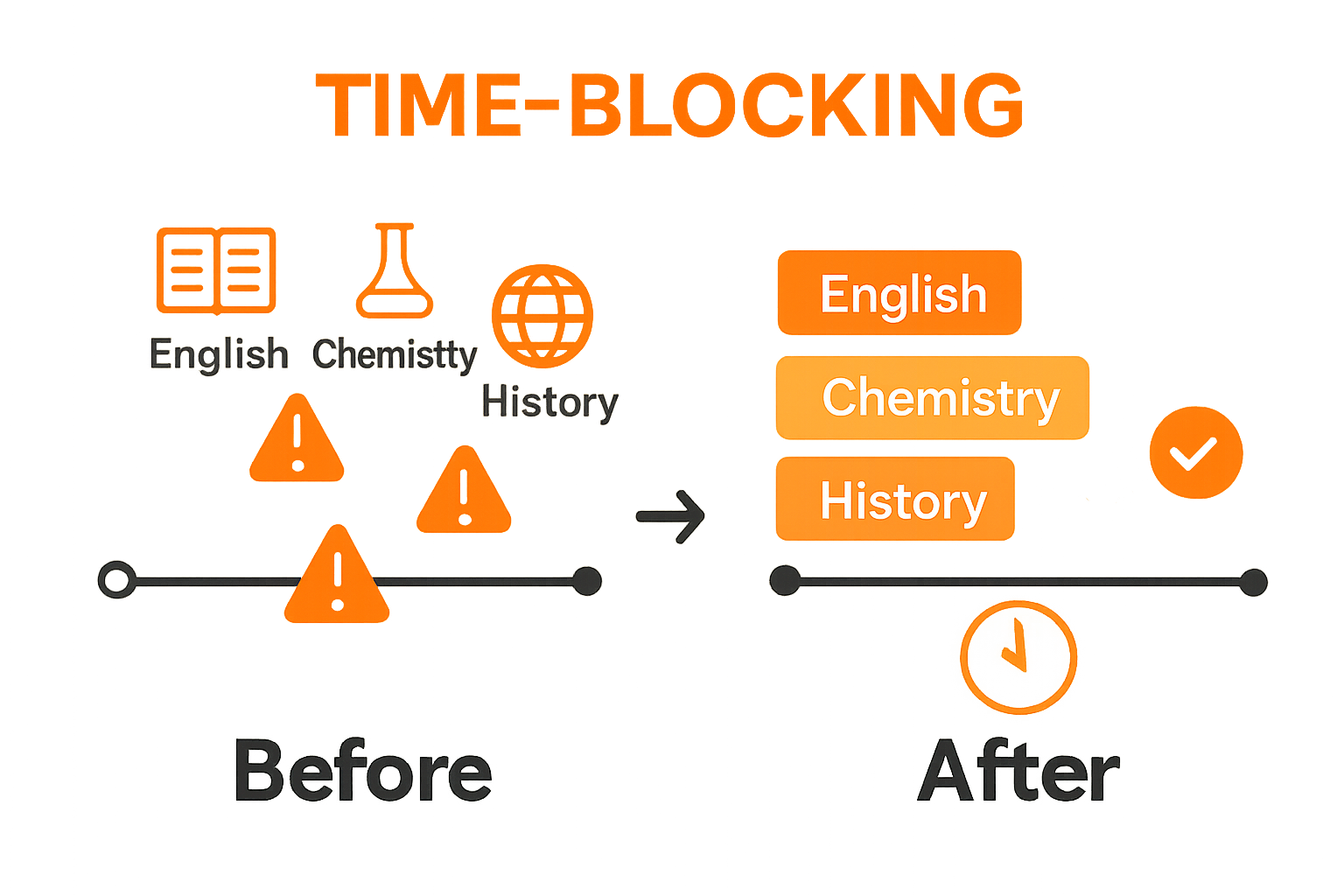 Infographic showing before/after of unstructured versus blocked study schedule