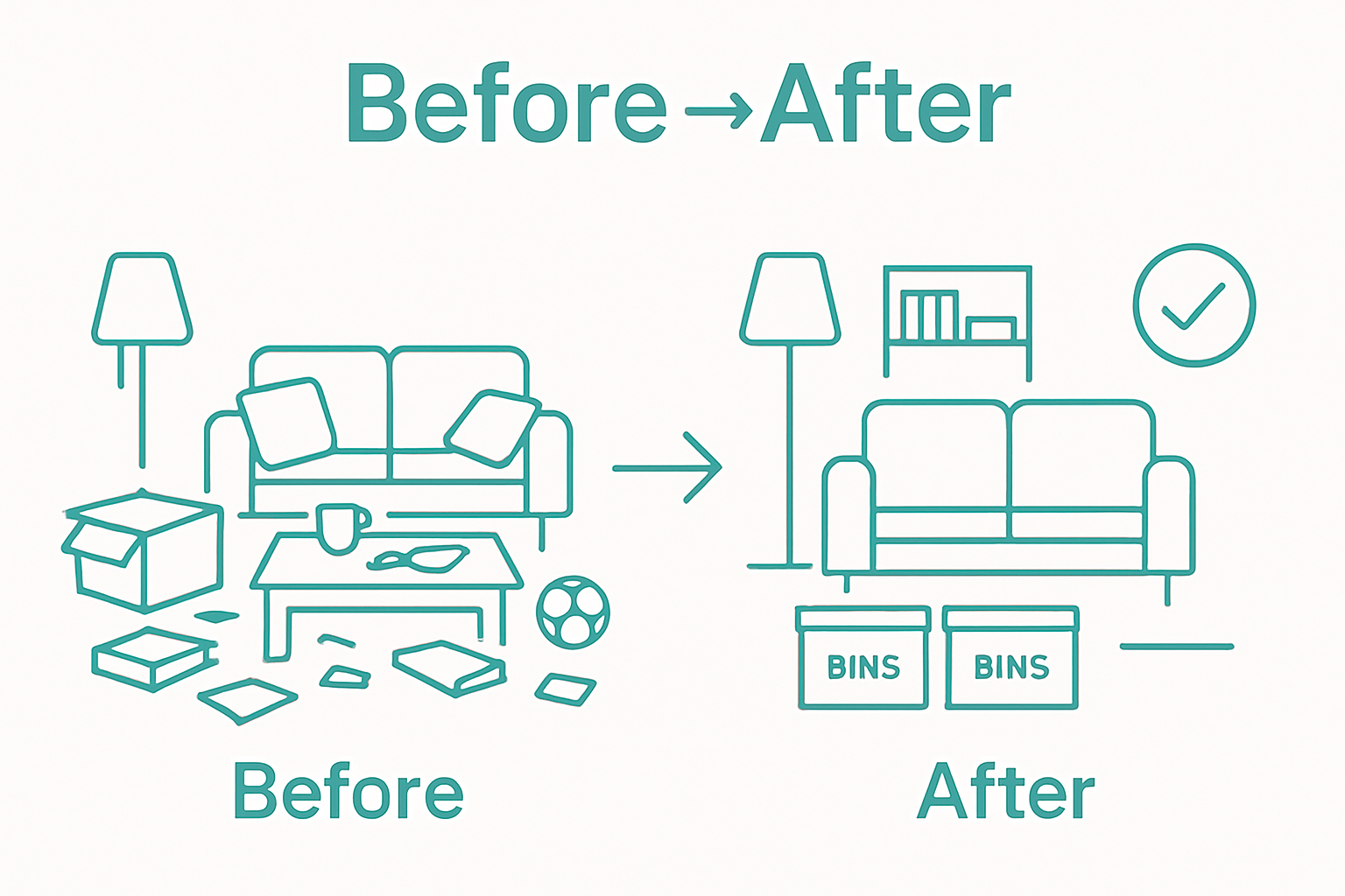 Before and after living room decluttering visual comparison