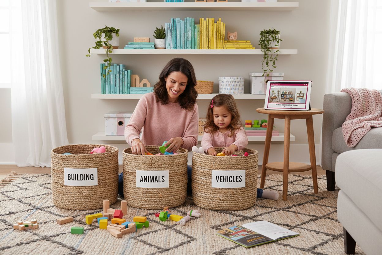 organized family living room, storage solutions