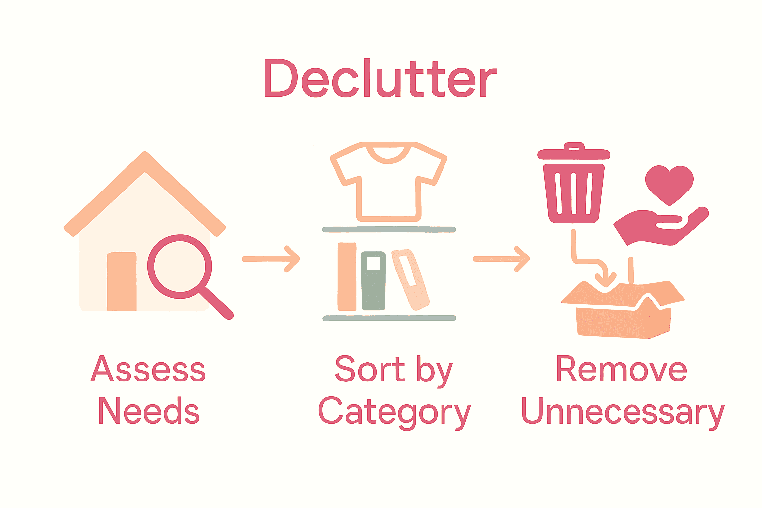 Three-step decluttering process infographic with icons
