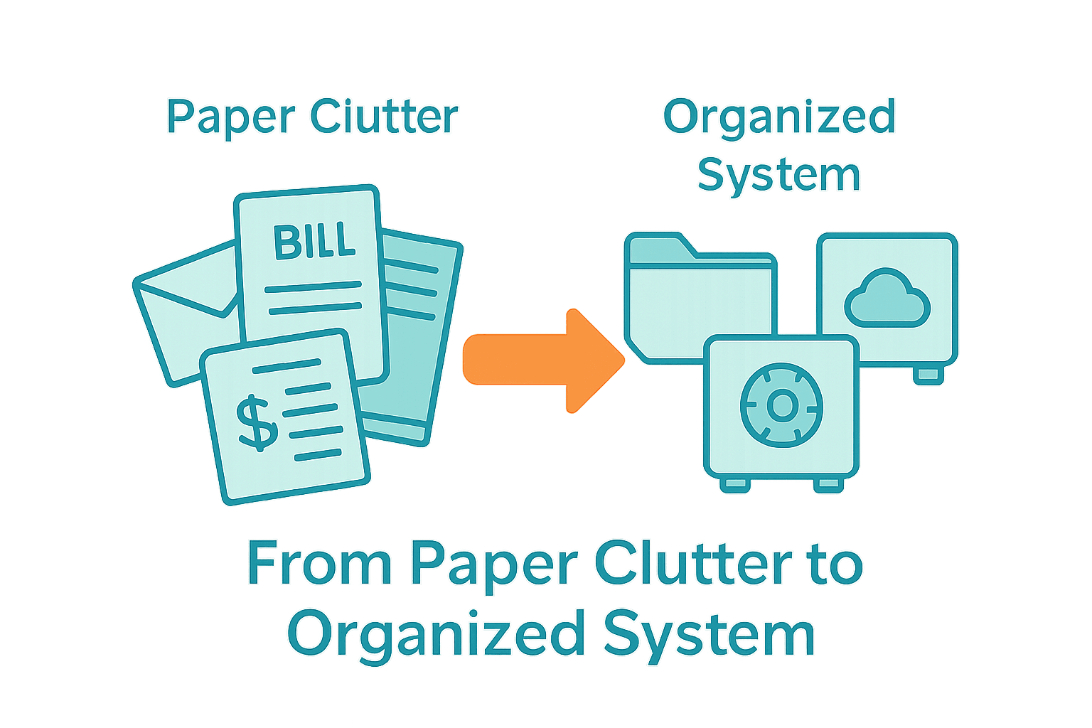 Paper clutter before and after organization comparison infographic