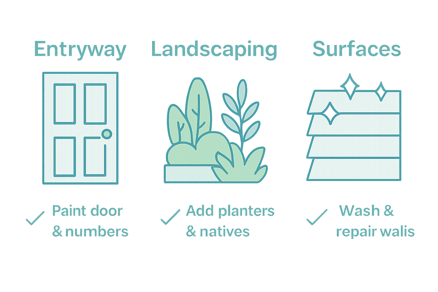 Curb appeal upgrades infographic showing door, plants, clean siding.