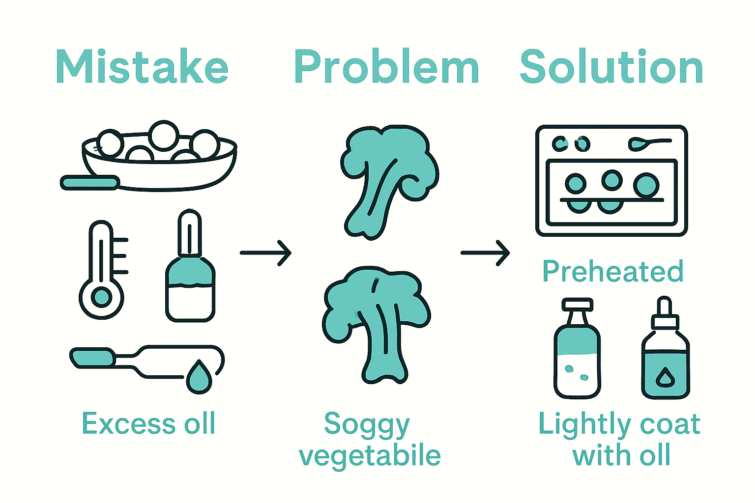 Infographic comparing common mistakes and solutions for crispy roasted vegetables
