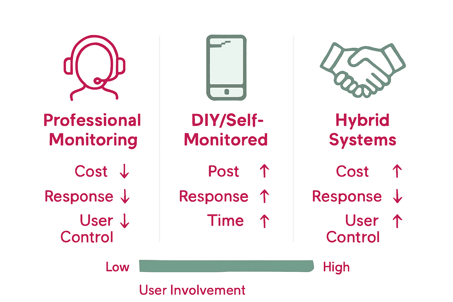 Infographic comparing professional, DIY, and hybrid home security systems