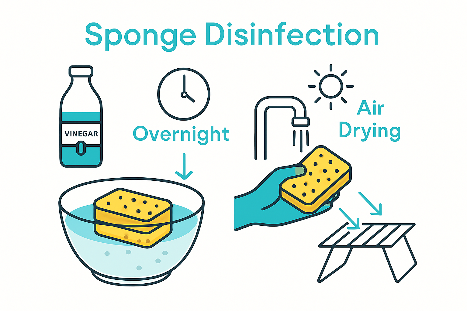 Infographic showing overnight vinegar soak for sponge disinfecting