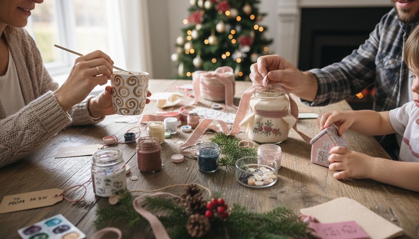 Hands assembling homemade festive Christmas gifts