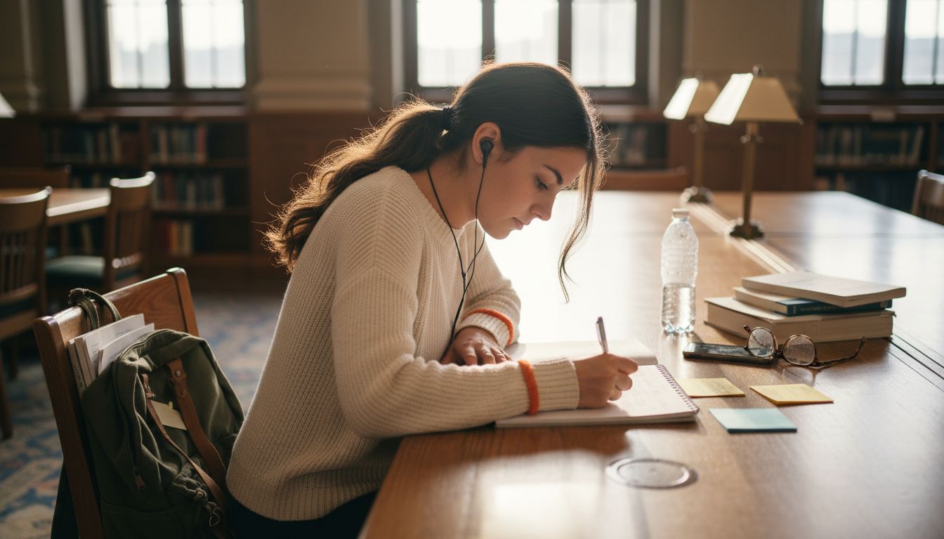 College student writing goals in notebook