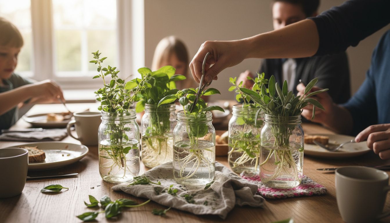 Snipping fresh basil from water-grown herbs