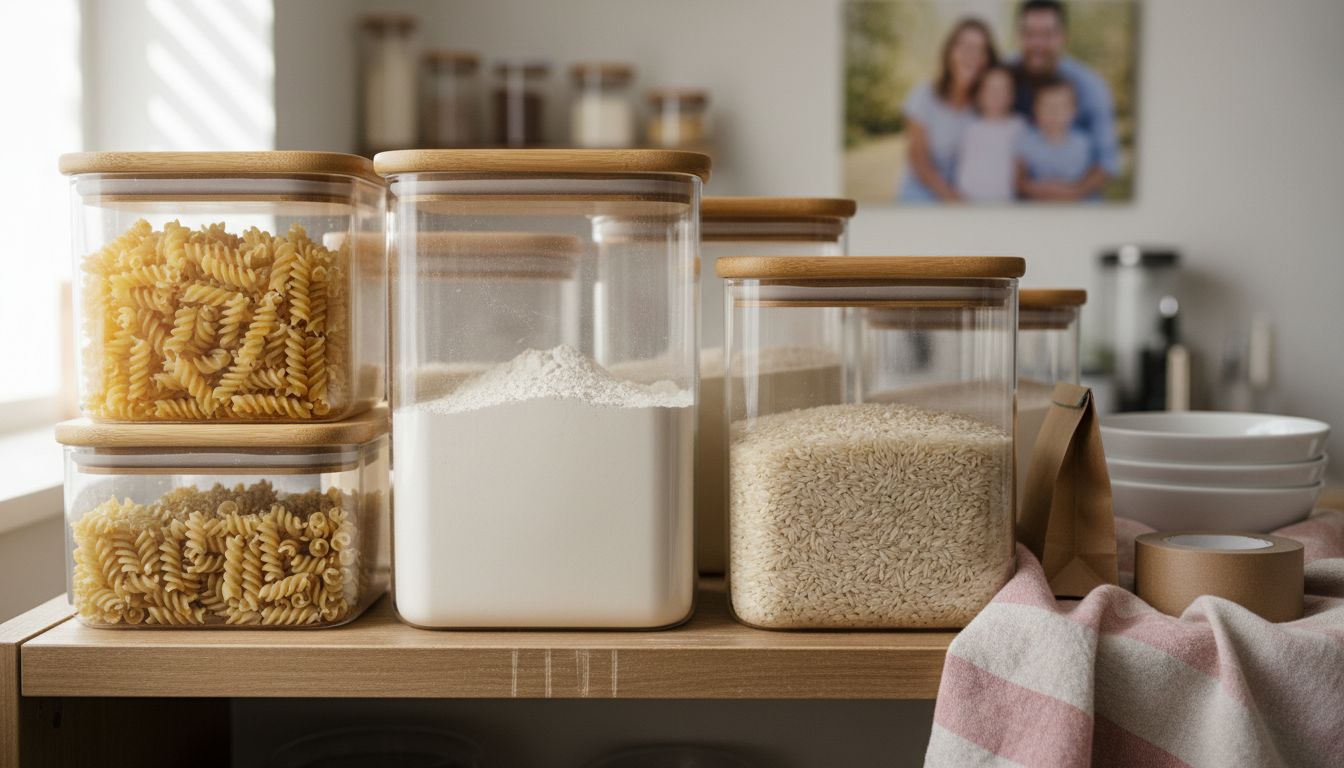 Transparent storage containers on pantry shelf