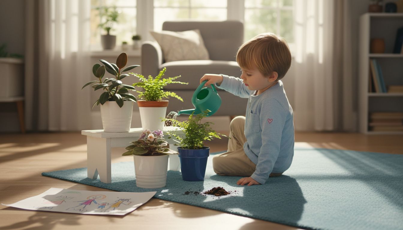 Child watering safe indoor plants at home