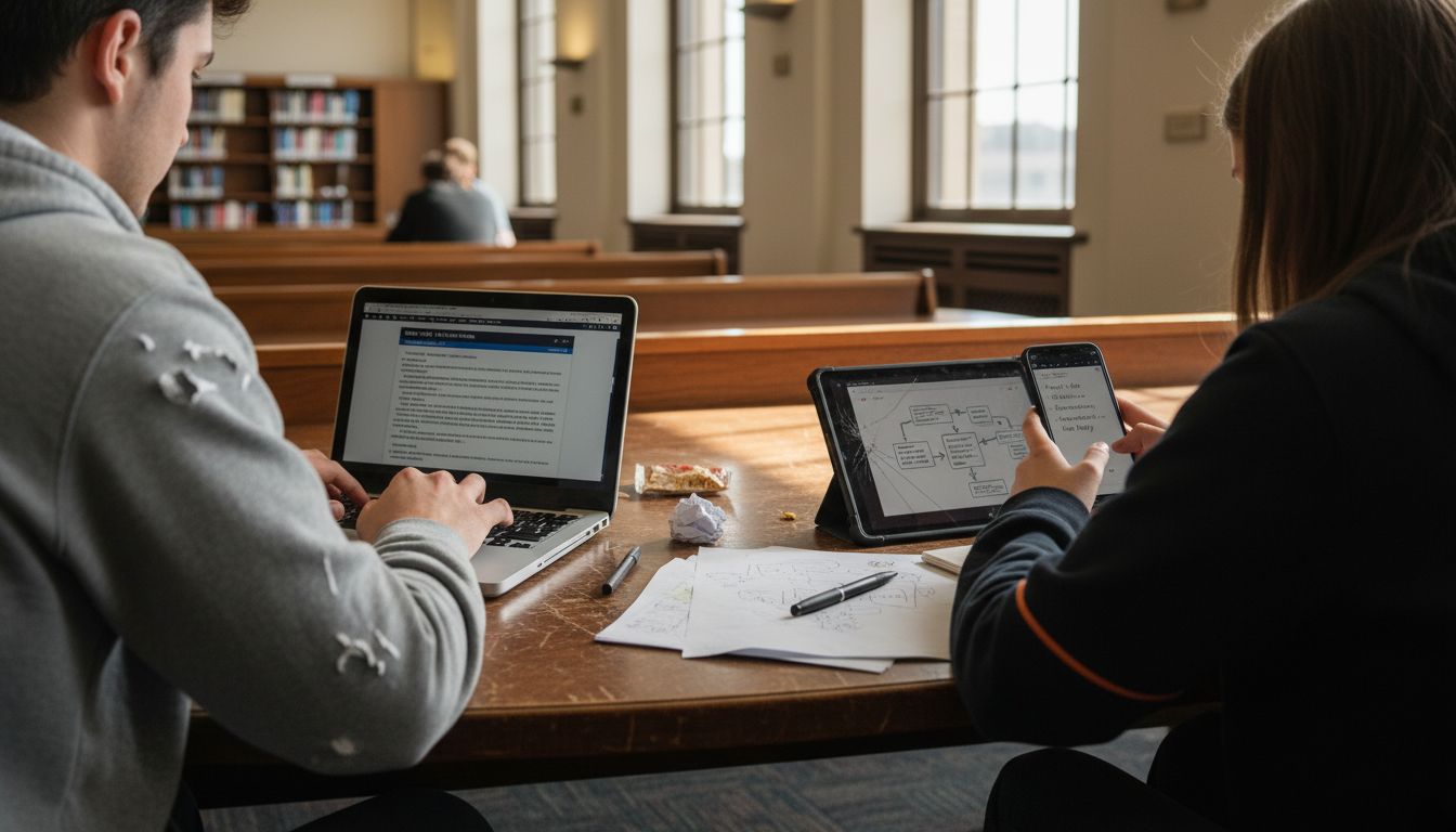 Students using laptop, tablet, and phone for notes