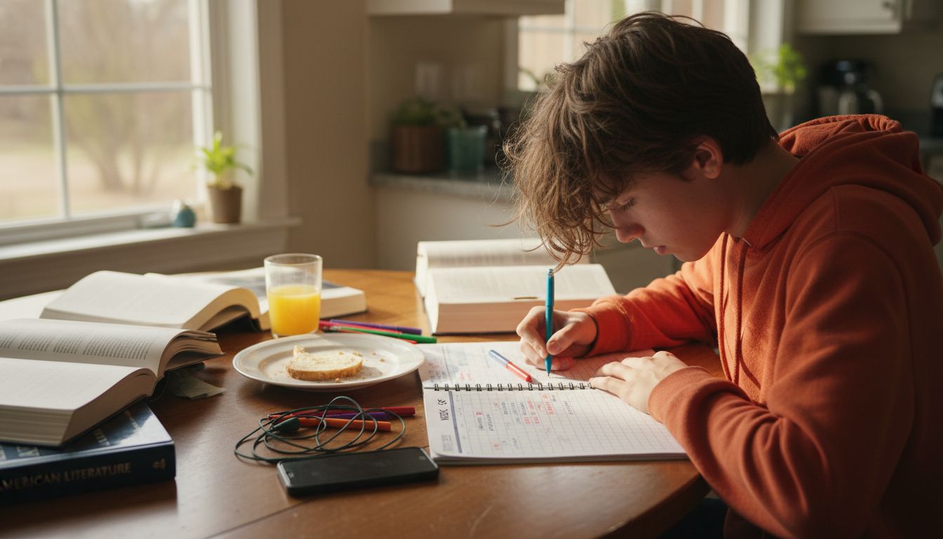 Student planning schedule at kitchen table