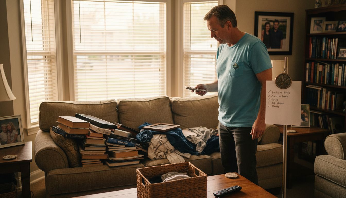 Man sorting living room with decluttering checklist