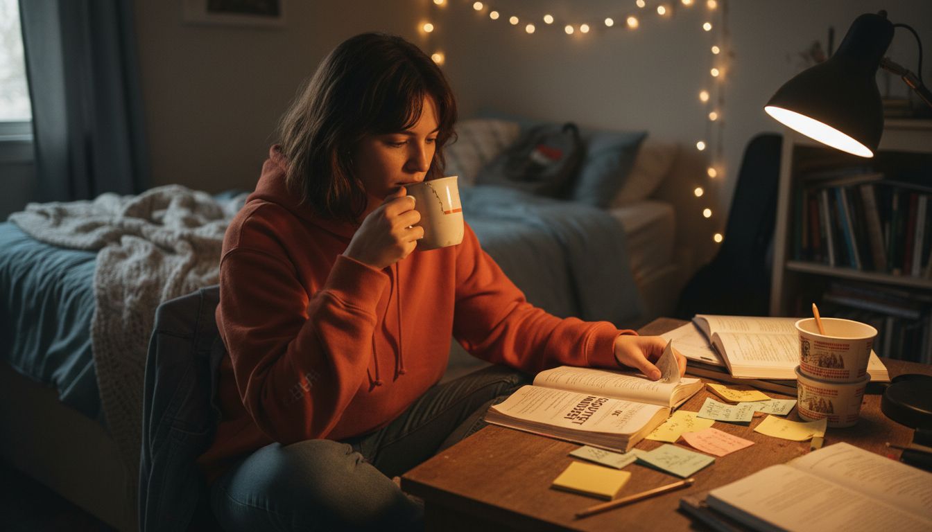 Reading self-improvement book at night desk