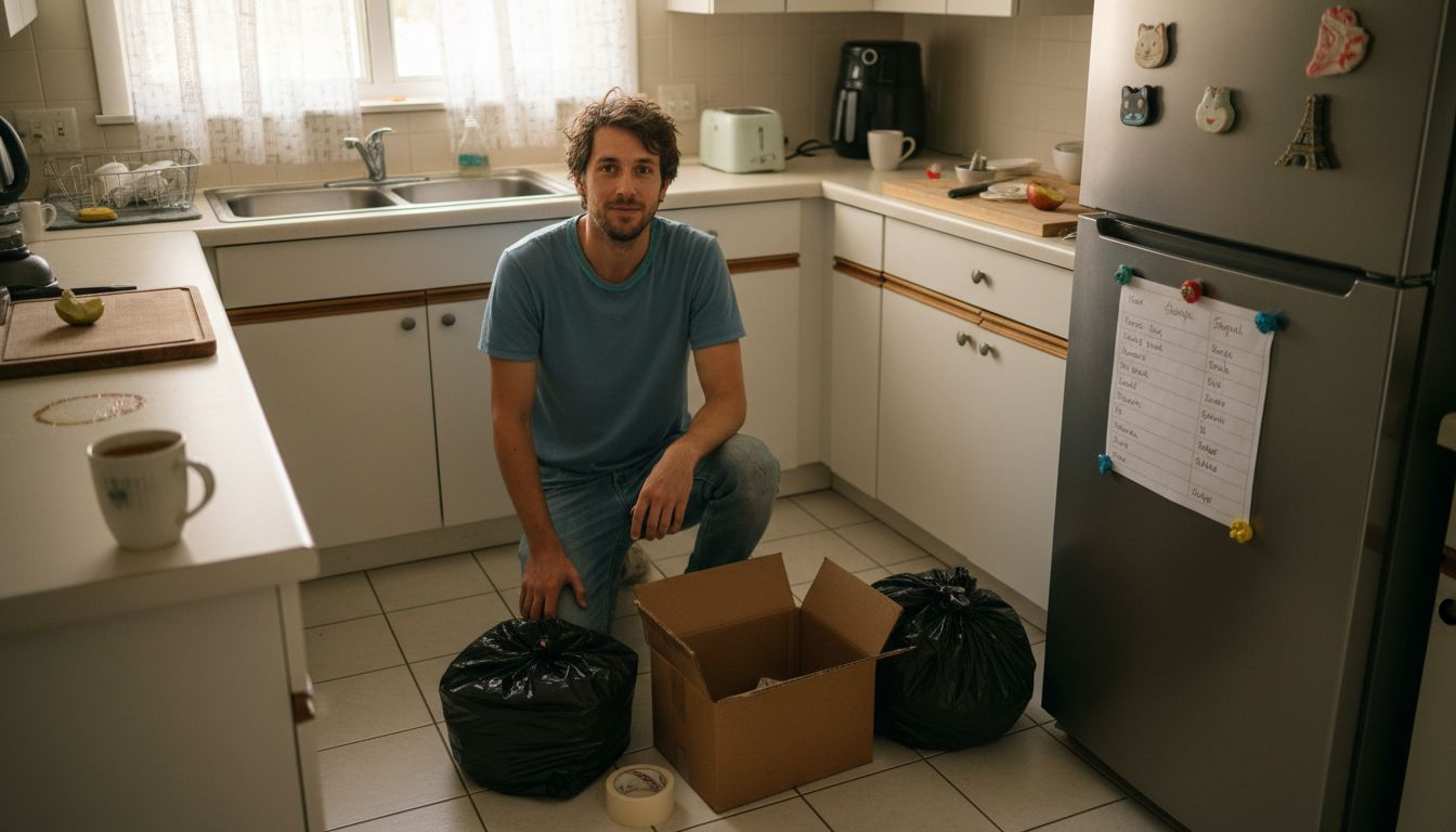 Man preparing decluttering supplies in kitchen