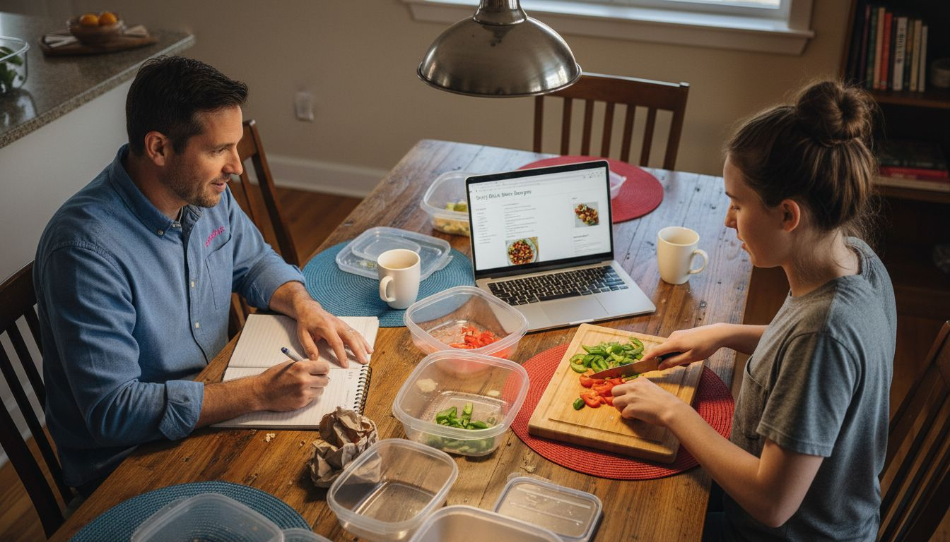 Father and daughter meal planning together