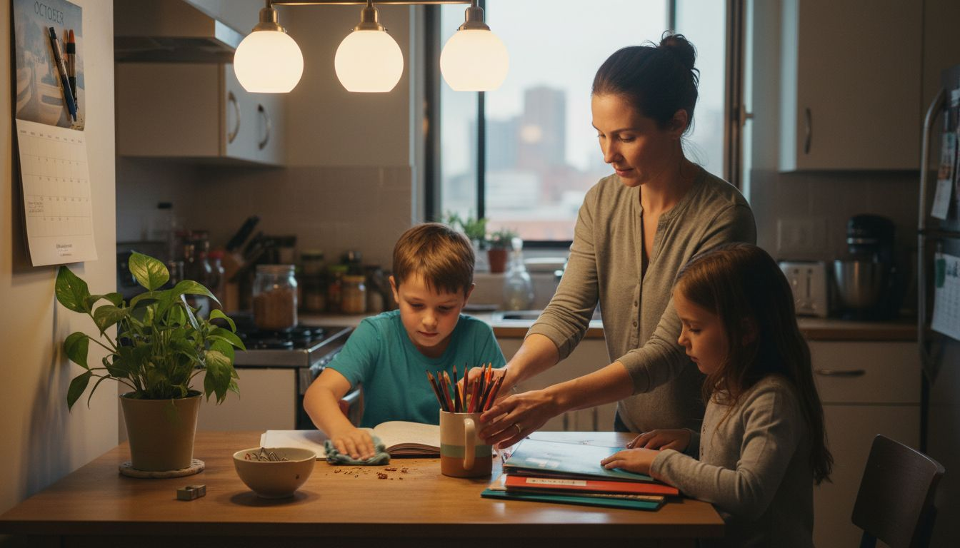 Family creating homework and play zones