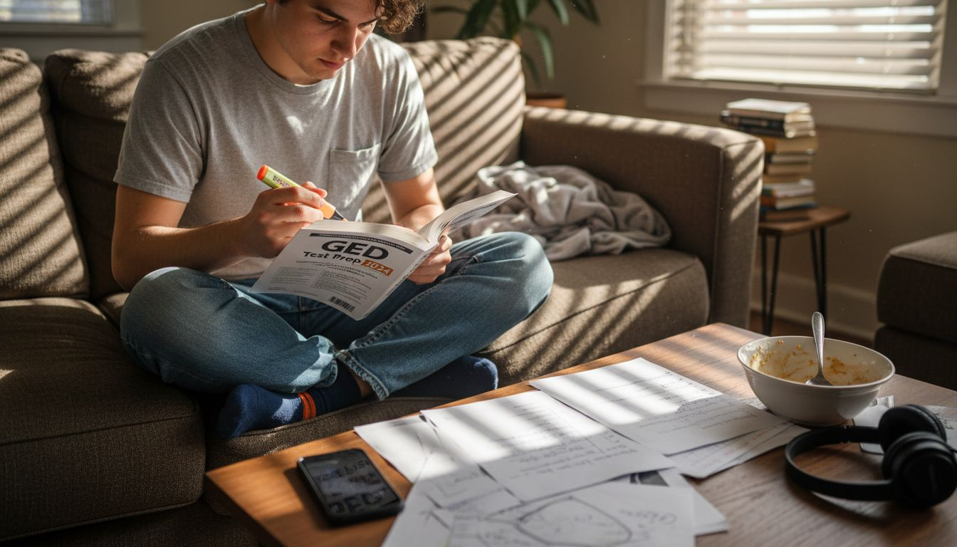 Young adult highlights GED study guide