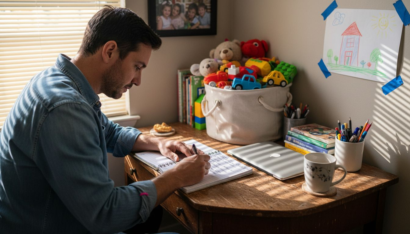 Father planning at cluttered home desk
