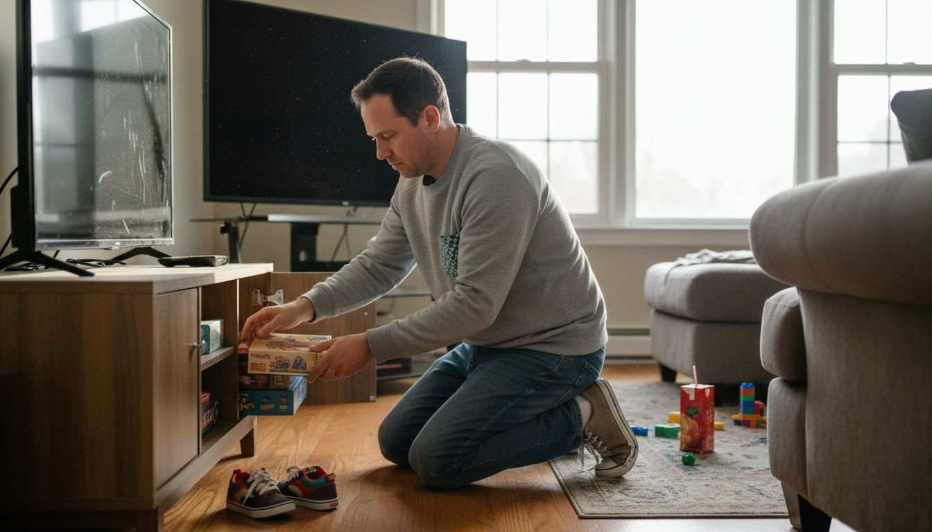 Parent decluttering family living room