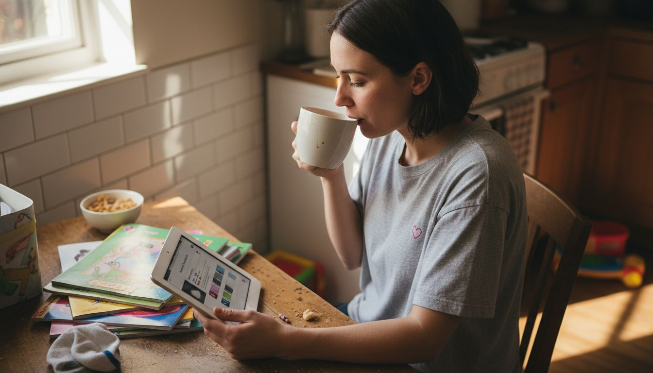 Mom customizing blog at messy kitchen table