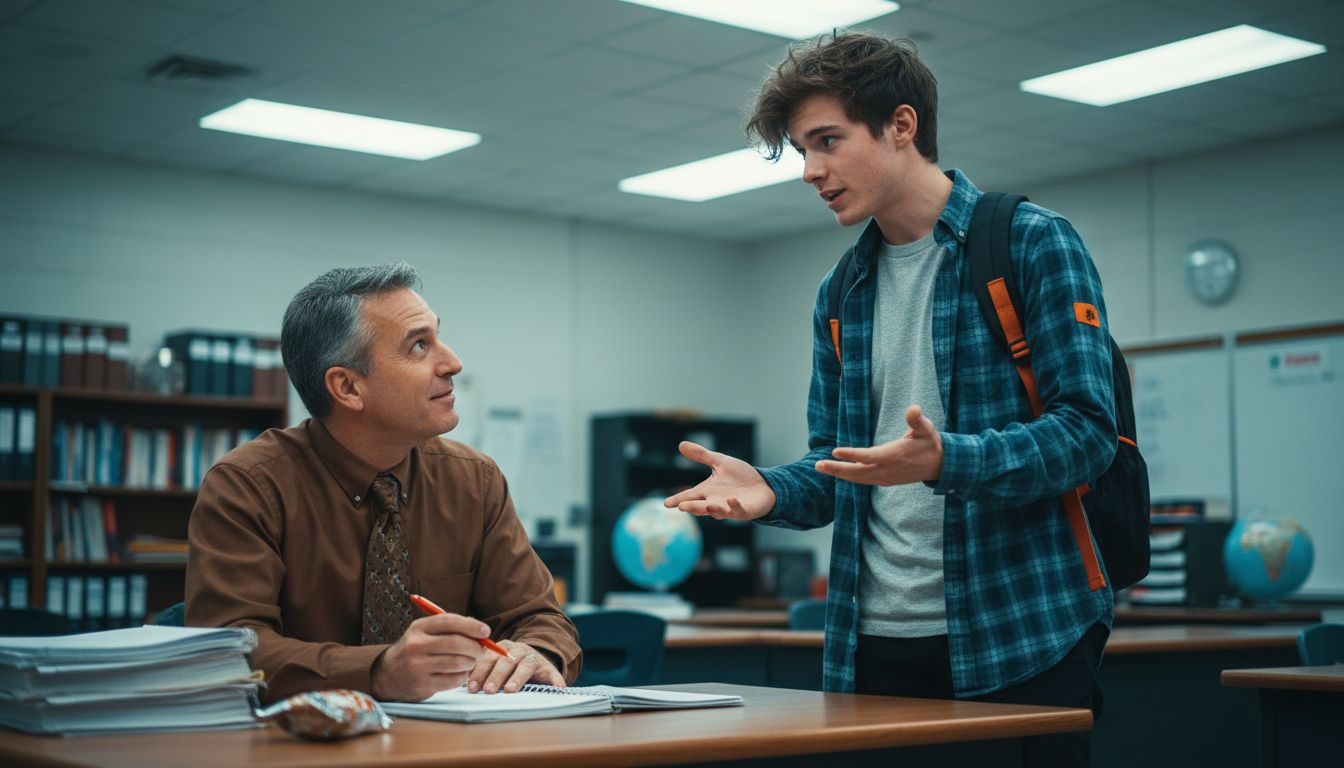 Confident student speaks to attentive teacher