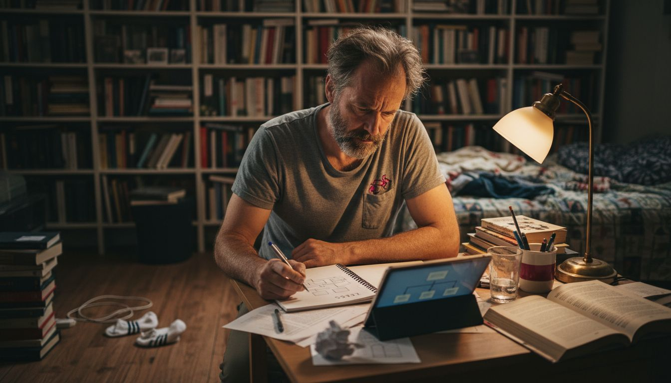 Father writing at cluttered bedroom desk