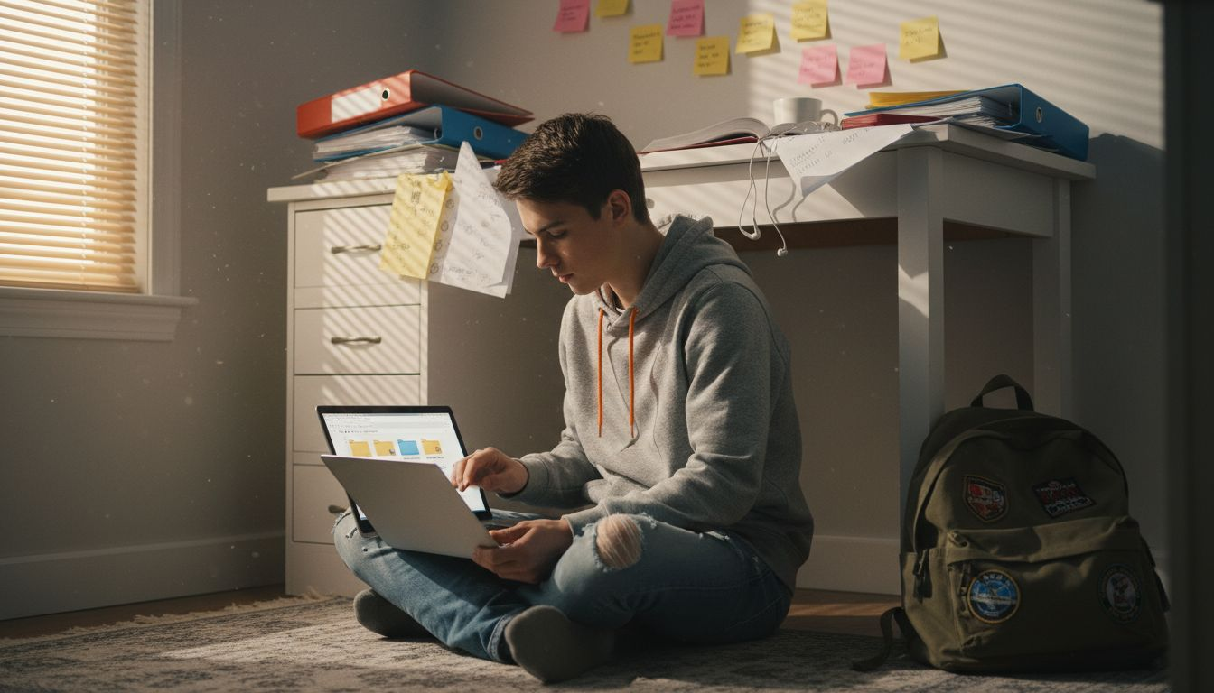 Student organizing school materials and folders