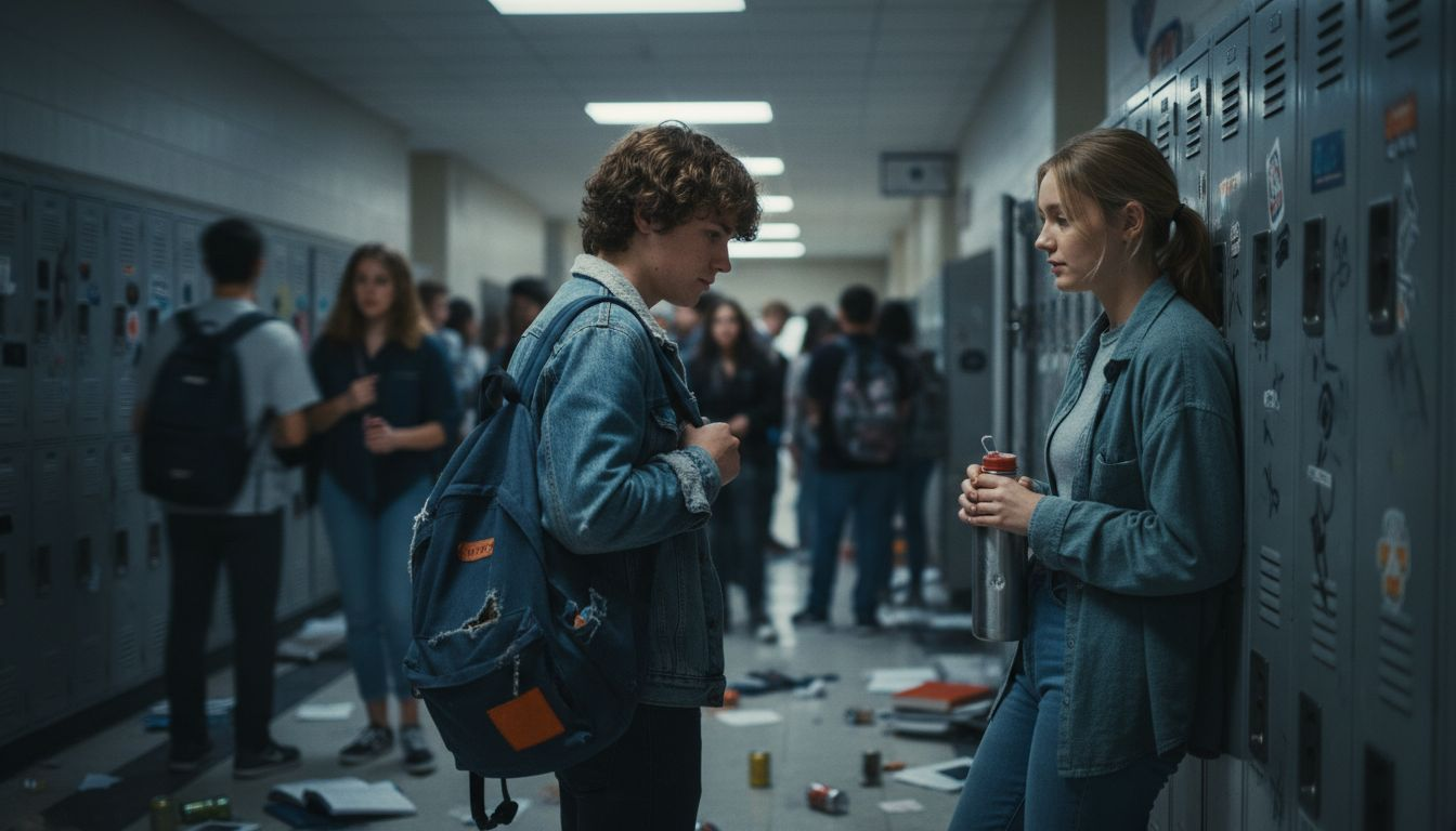 Students talking by lockers, others passing